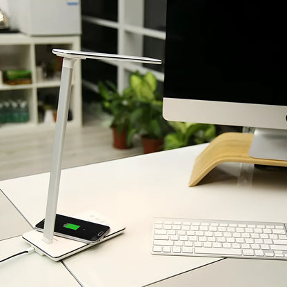 Black wireless charging desk lamp with aluminum shade and touch controls