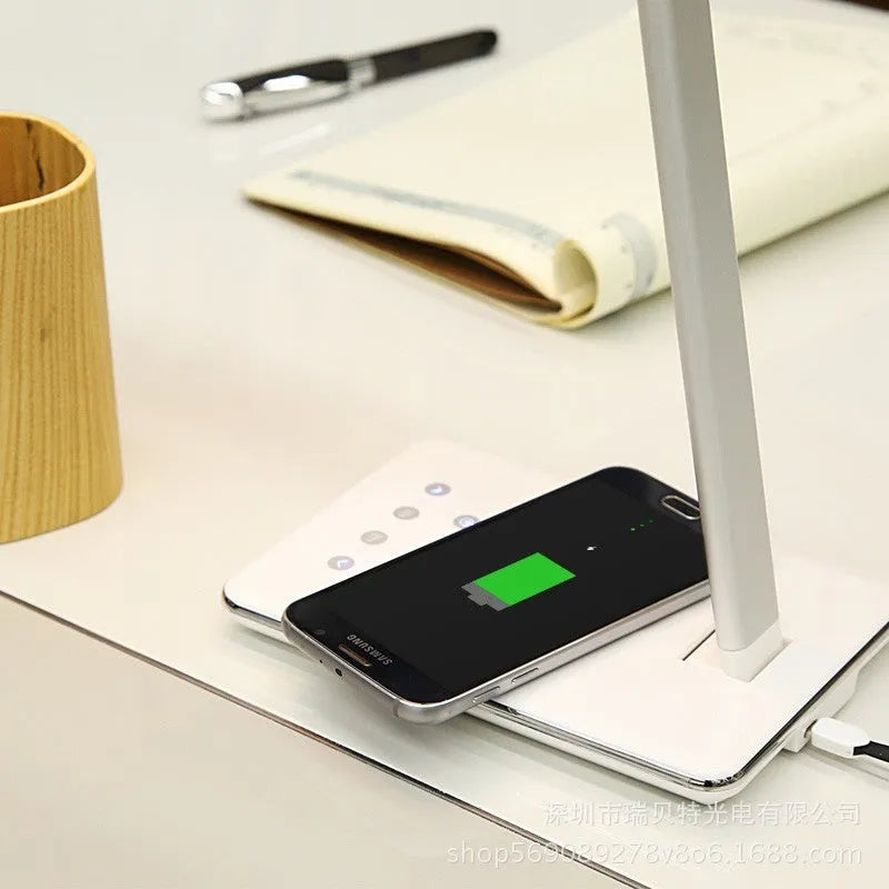 Black wireless charging desk lamp with aluminum shade and touch controls