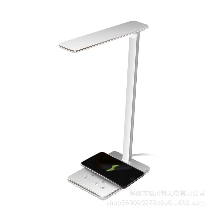 Black wireless charging desk lamp with aluminum shade and touch controls