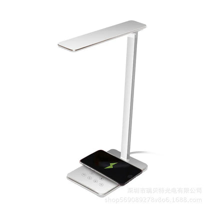 Black wireless charging desk lamp with aluminum shade and touch controls