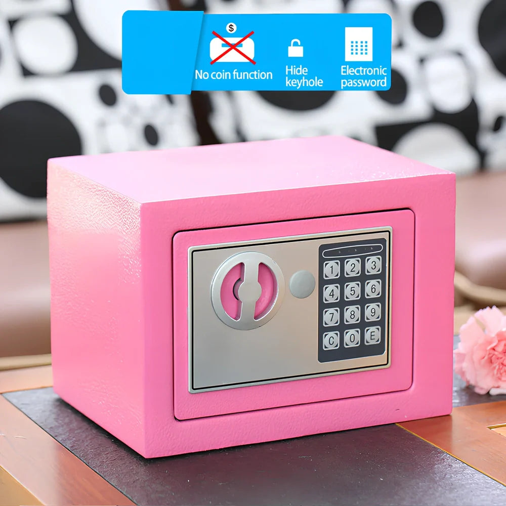 Mini office safe with digital password panel in black, white, blue, gold, pink, or red colour options