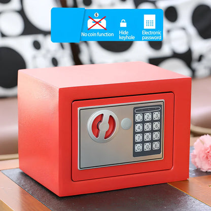 Mini office safe with digital password panel in black, white, blue, gold, pink, or red colour options