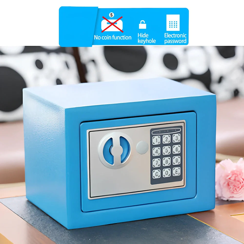 Mini office safe with digital password panel in black, white, blue, gold, pink, or red colour options