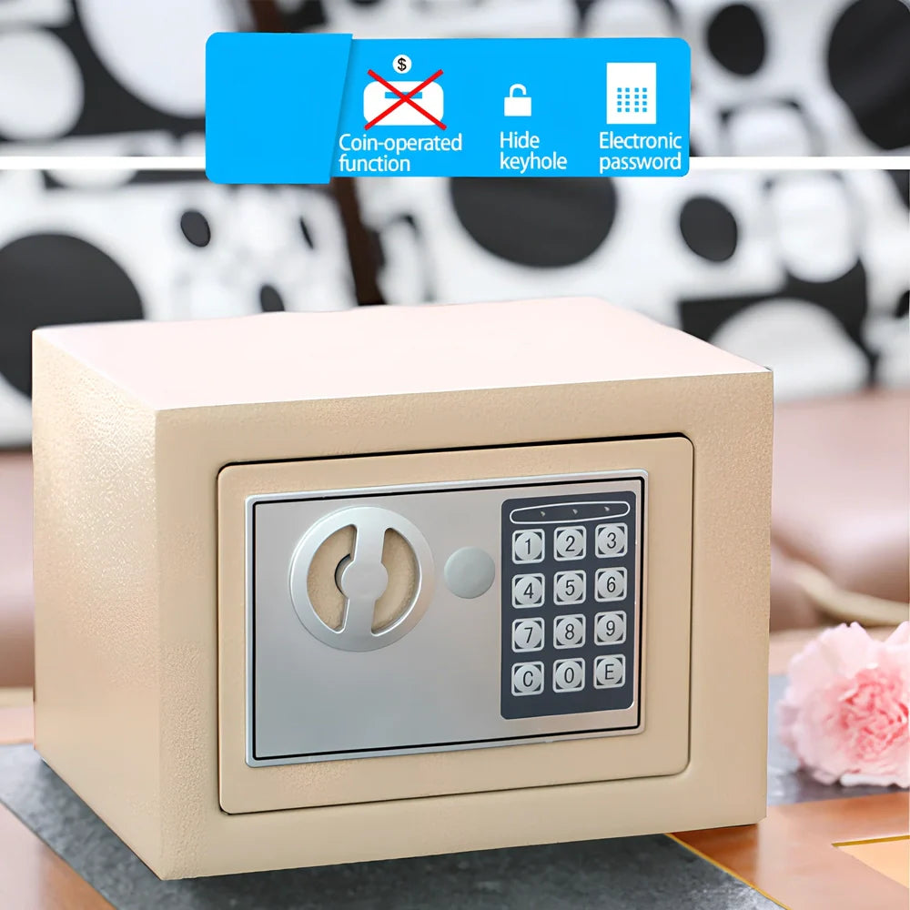 Mini office safe with digital password panel in black, white, blue, gold, pink, or red colour options