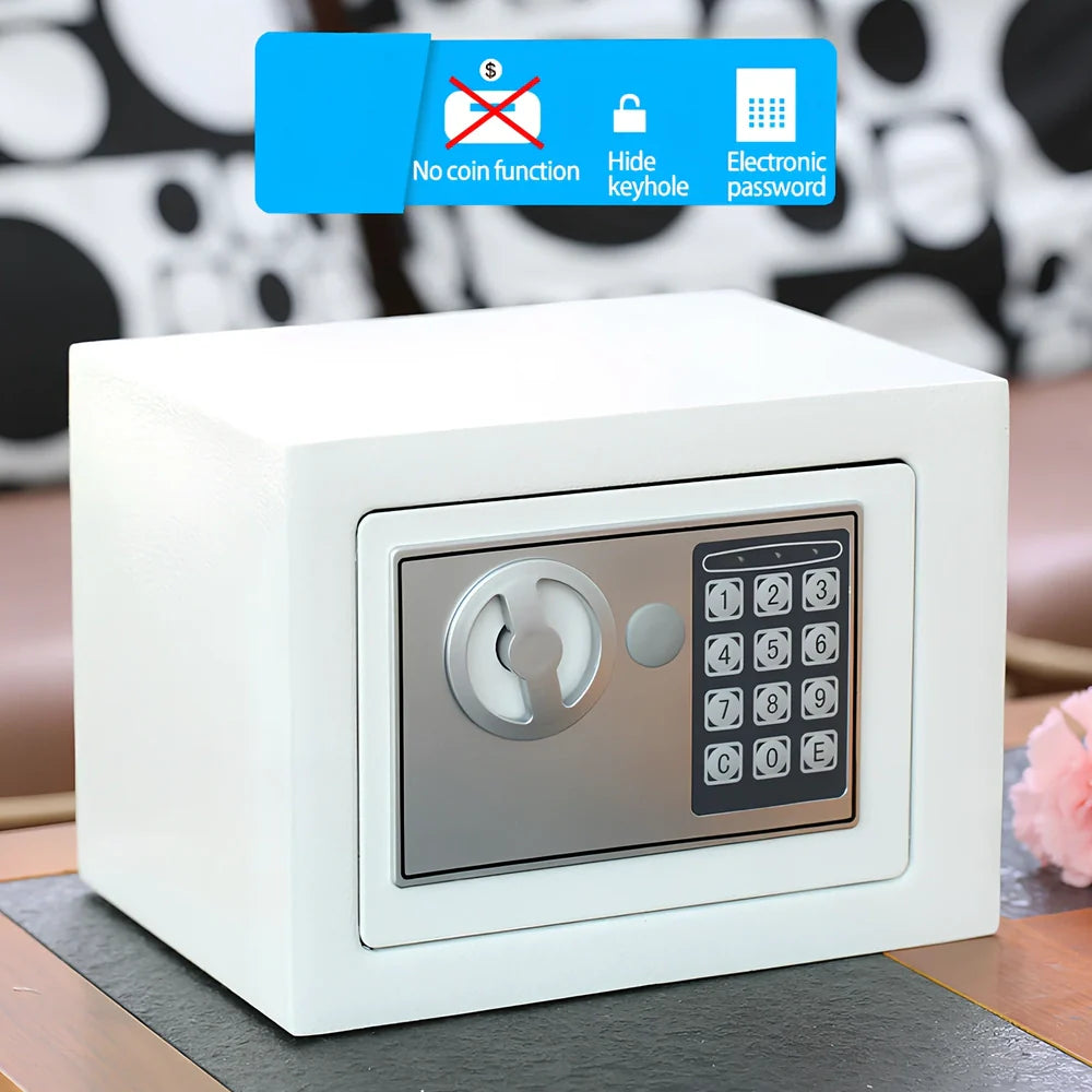 Mini office safe with digital password panel in black, white, blue, gold, pink, or red colour options