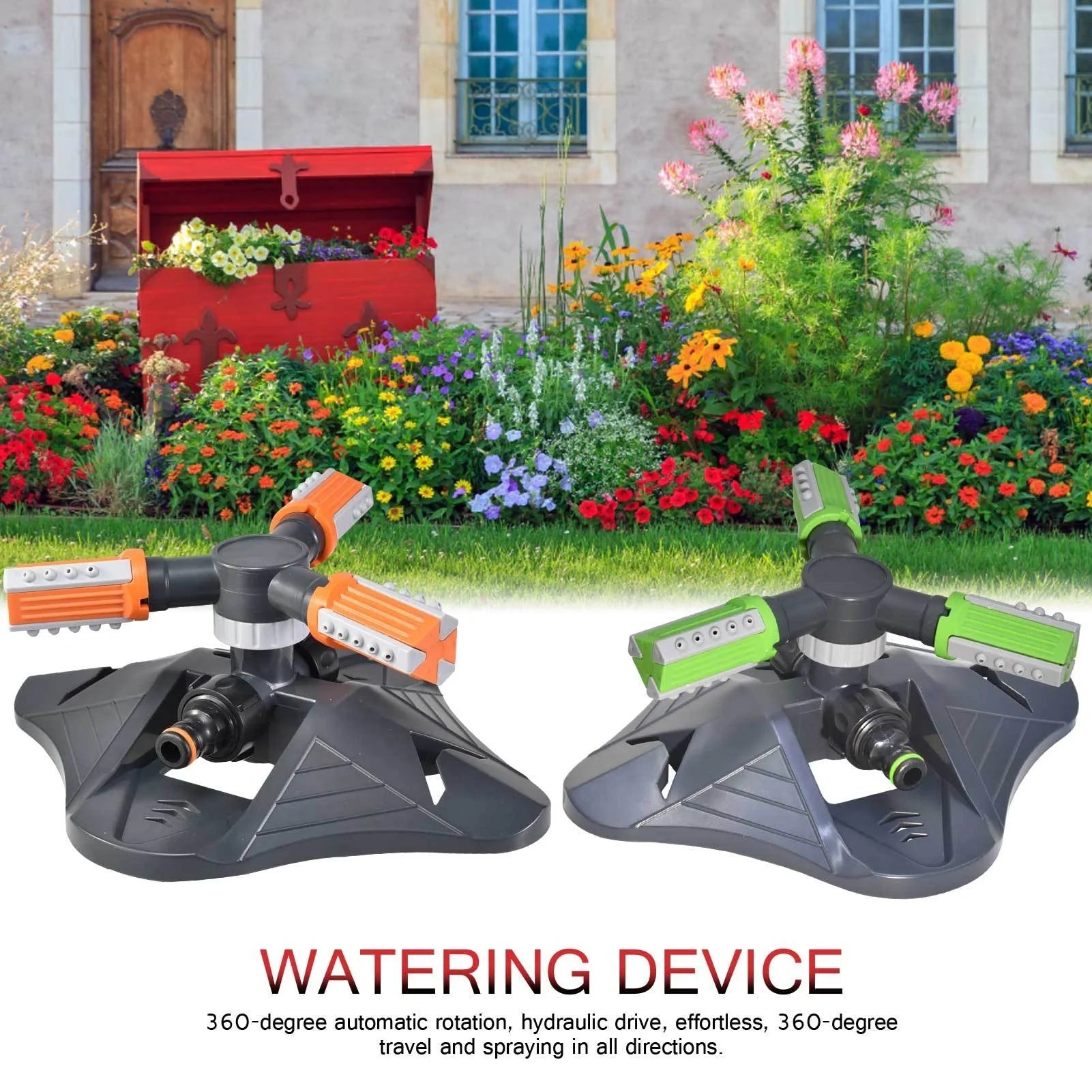 Adjustable 360-degree 3-arm rotating sprinkler for lawn and garden irrigation in green and orange