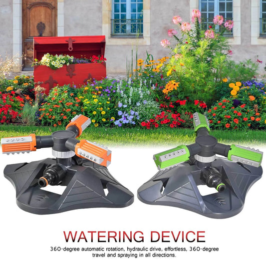 Adjustable 360-degree 3-arm rotating sprinkler for lawn and garden irrigation in green and orange