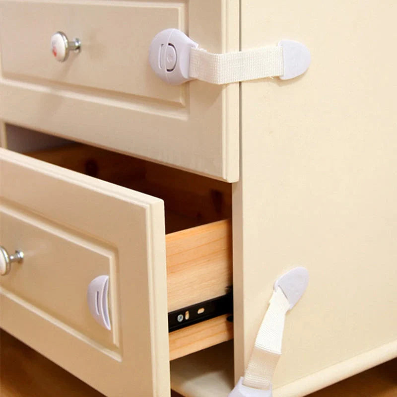Multifunctional extended baby safety lock for cabinets and drawers in white
