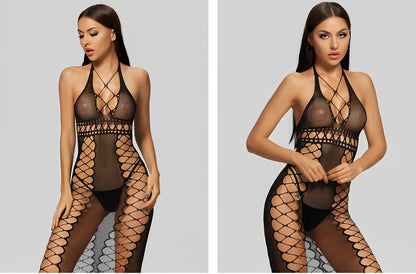 Black transparent nylon mesh bodystocking one size, 80% nylon with stretch for women's full-body coverage 140cm long