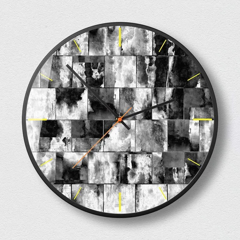 Abstract art wall clock with metal frame, round 12-inch and 14-inch sizes, battery-powered silent sweep movement for bedroom, living room, and office decor in Mysterious Black designs A, B, and C.