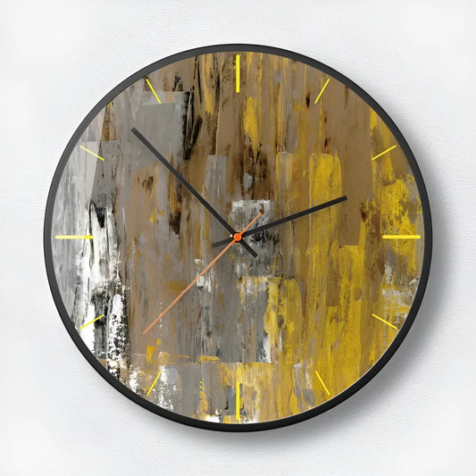 Round abstract art wall clock with metal frame in Mysterious Black design on a white wall.