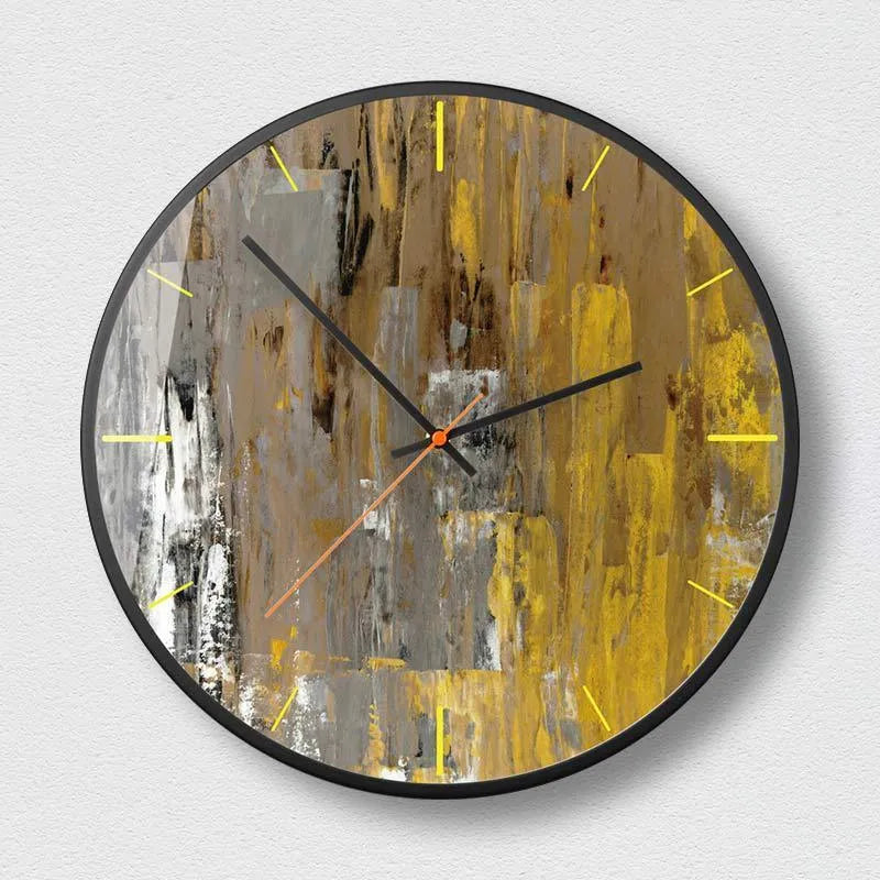 Round abstract art wall clock with metal frame in Mysterious Black design on a white wall.