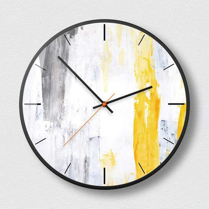 Round abstract art wall clock with metal frame in Mysterious Black design on a white wall.