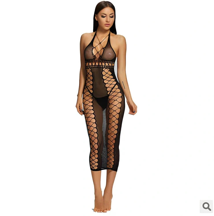 Black transparent nylon mesh bodystocking one size, 80% nylon with stretch for women's full-body coverage 140cm long