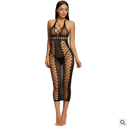 Black transparent nylon mesh bodystocking one size, 80% nylon with stretch for women's full-body coverage 140cm long