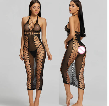 Black transparent nylon mesh bodystocking one size, 80% nylon with stretch for women's full-body coverage 140cm long