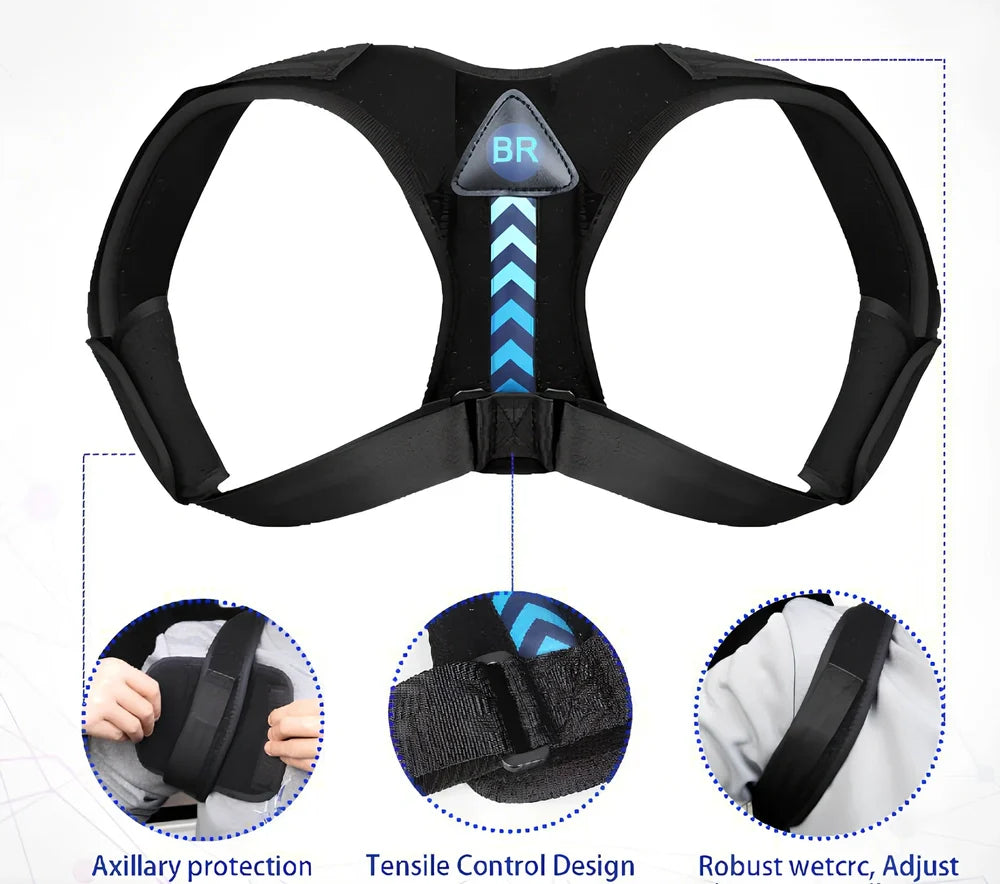 Black breathable sponge back posture support belt with 25cm bar for running and cycling, sizes S-XL fitting 60-110cm waists