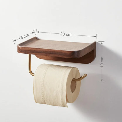 Solid wood wall-mounted paper towel and toilet roll holder in walnut with brass fittings.