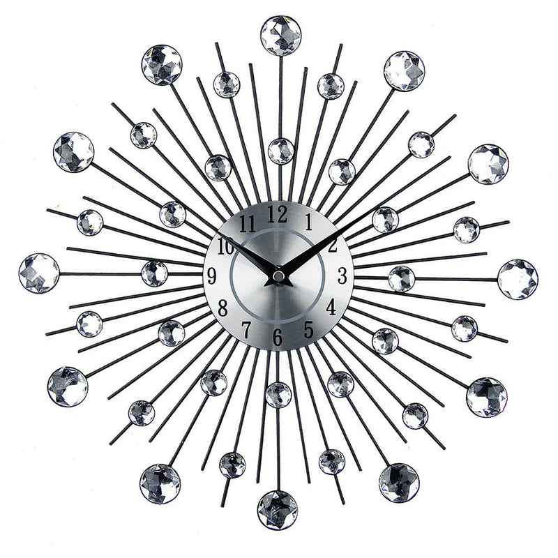 Wall clock with quartz movement and silver metal construction measuring 33cm diameter for living room or office decor with pointer display and battery operation