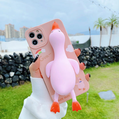 Cartoon print silicone phone case for iPhone in yellow, white, and pink colours.