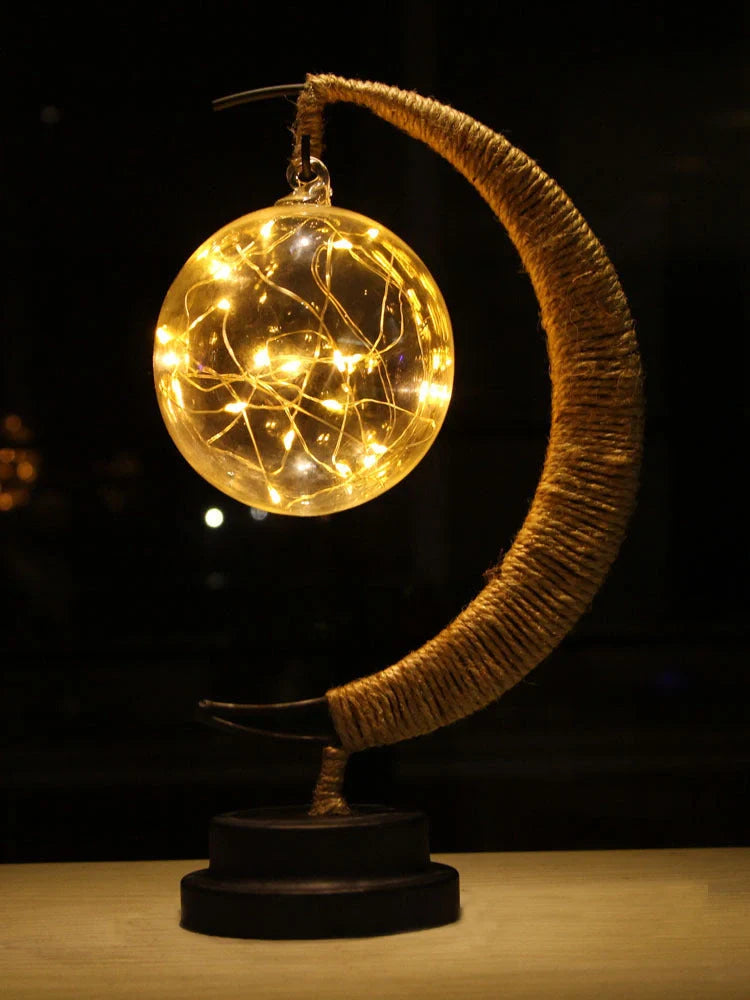 LED Moon Star Shape Copper Wire Lamp with glass pendants and USB/battery power options