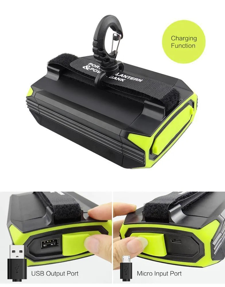 Green aluminium alloy rechargeable camping light with USB port and push-button controls
