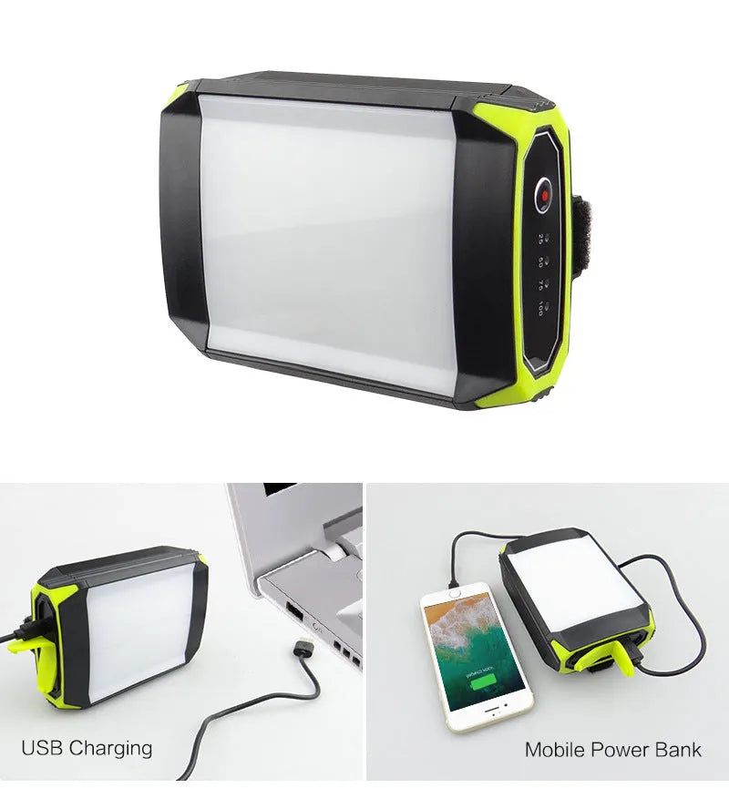 Green aluminium alloy rechargeable camping light with USB port and push-button controls