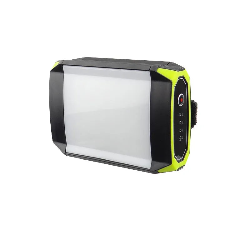 Green aluminium alloy rechargeable camping light with USB port and push-button controls