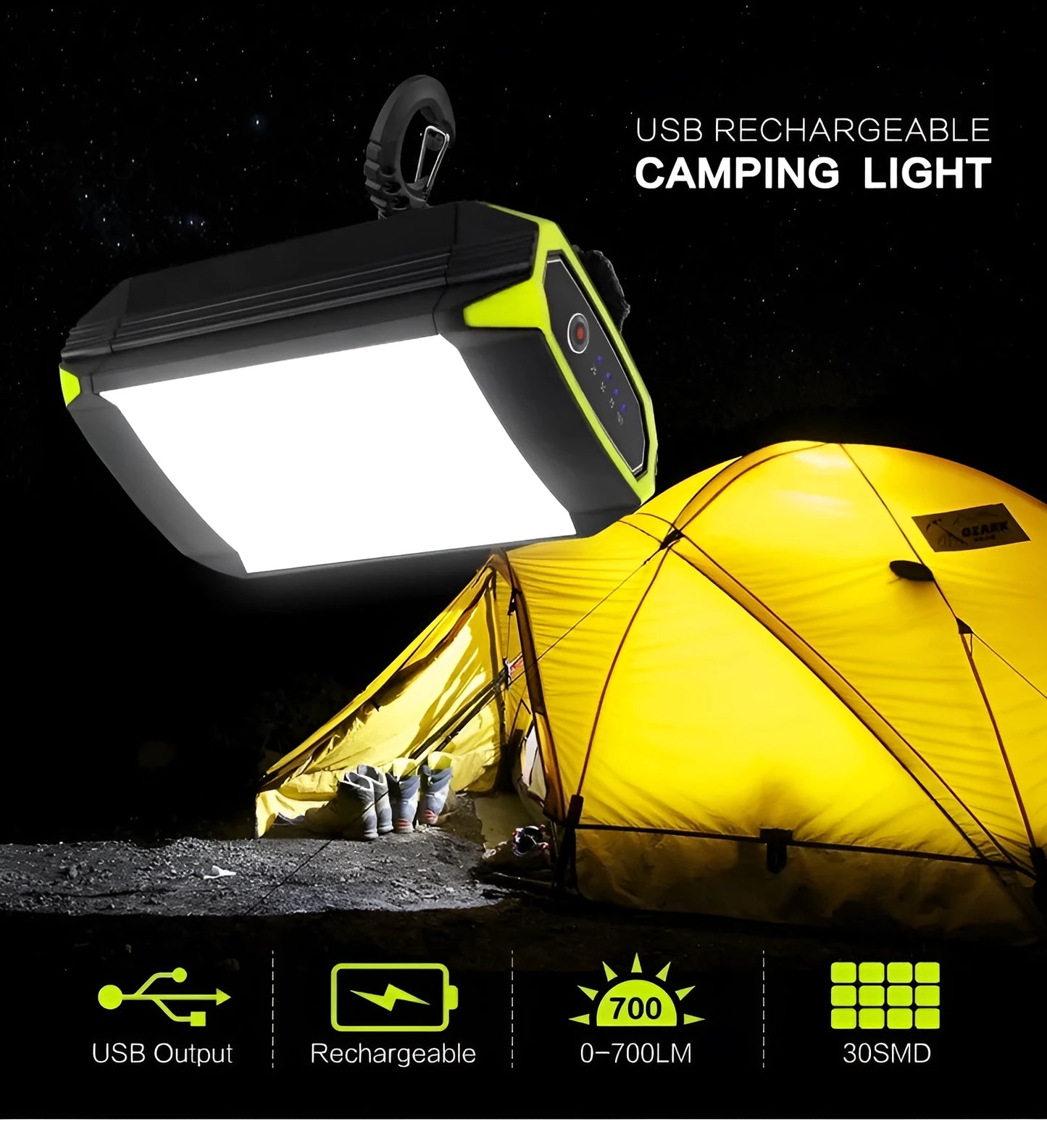 Green aluminium alloy rechargeable camping light with USB port and push-button controls