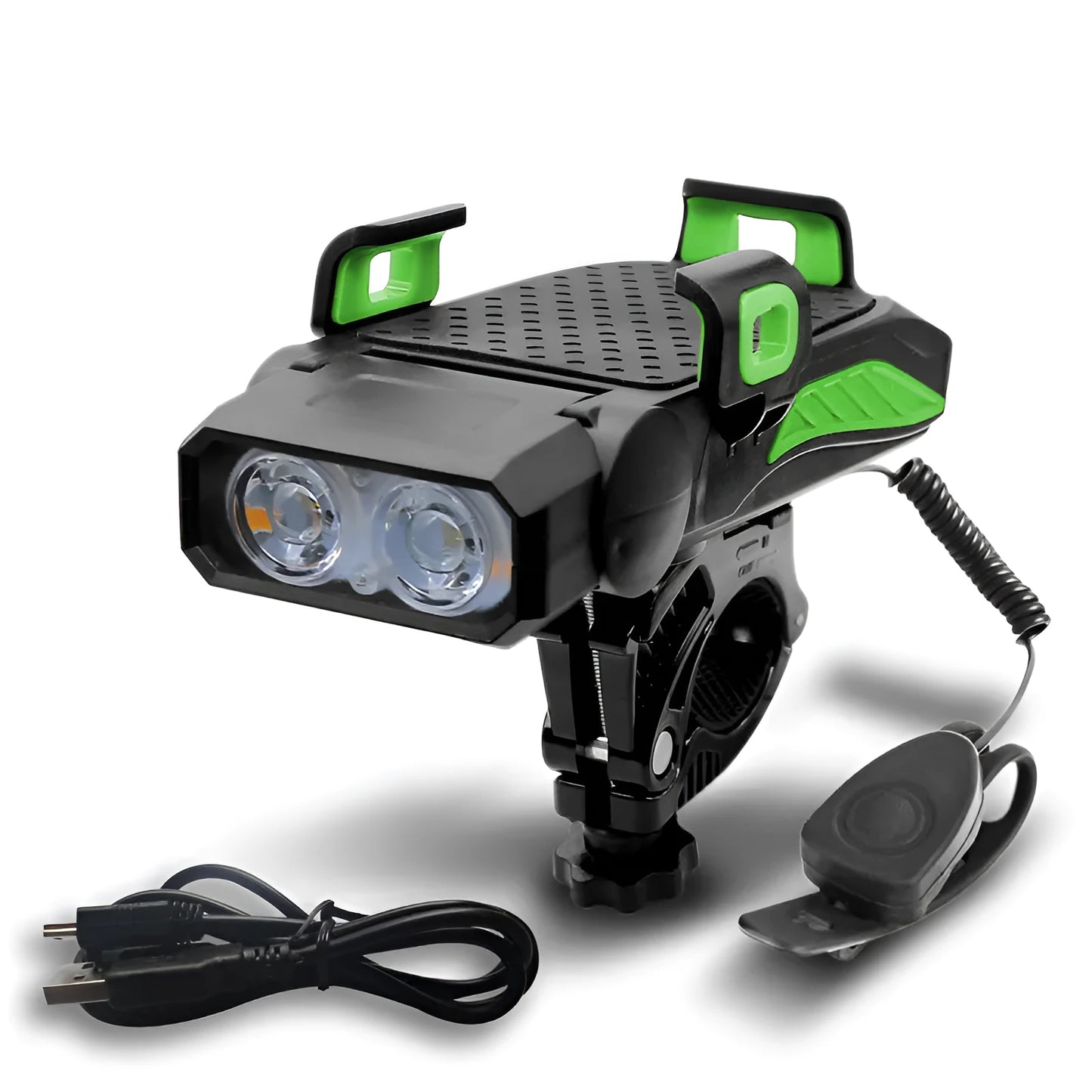 Rechargeable bicycle light shown in black, blue, green, and red colour options.