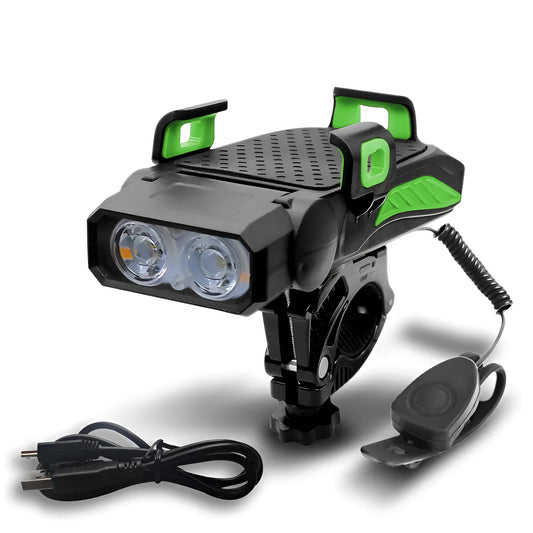 Rechargeable bicycle light shown in black, blue, green, and red colour options.