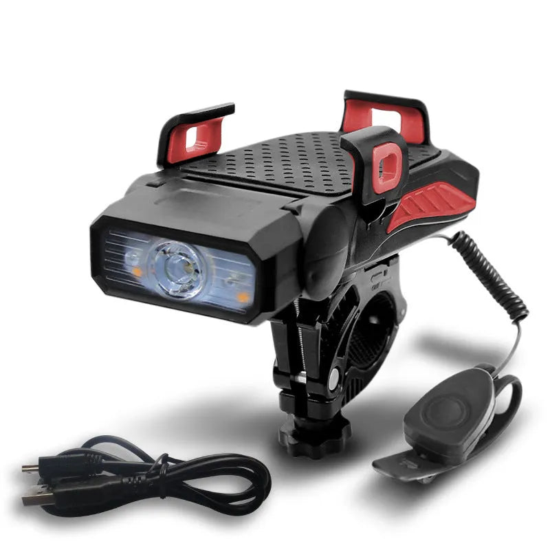 Rechargeable bicycle light shown in black, blue, green, and red colour options.