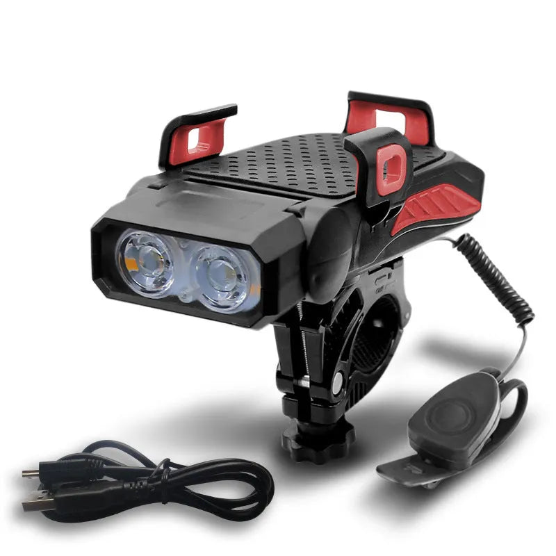 Rechargeable bicycle light shown in black, blue, green, and red colour options.