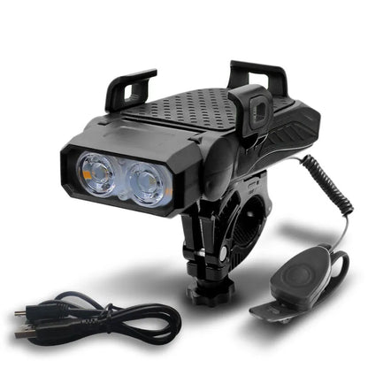 Rechargeable bicycle light shown in black, blue, green, and red colour options.