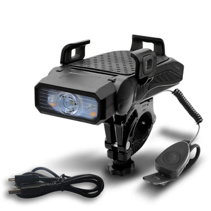 Rechargeable bicycle light shown in black, blue, green, and red colour options.