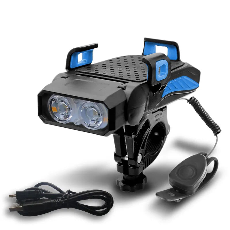Rechargeable bicycle light shown in black, blue, green, and red colour options.