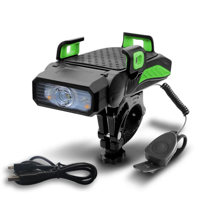 Rechargeable bicycle light shown in black, blue, green, and red colour options.