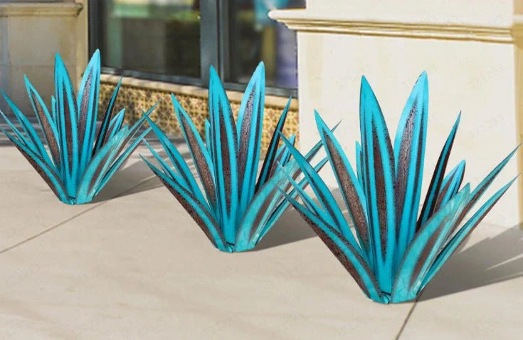 Handmade rustic tequila agave metal sculpture with blue highlights for garden or home decor