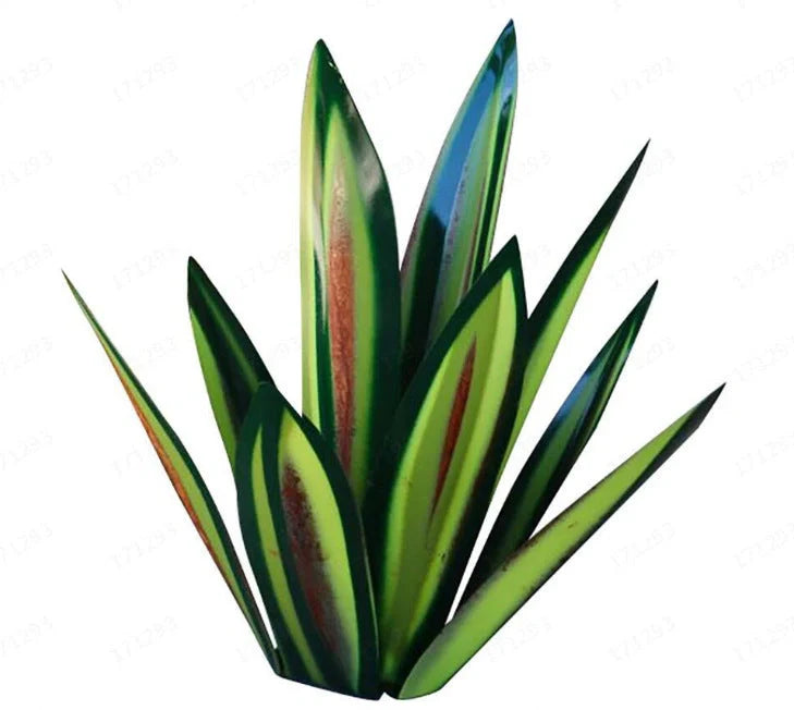 Handmade rustic tequila agave metal sculpture with blue highlights for garden or home decor