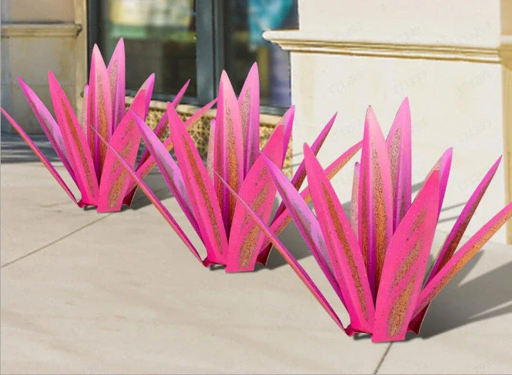 Handmade rustic tequila agave metal sculpture with blue highlights for garden or home decor