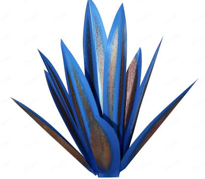 Handmade rustic tequila agave metal sculpture with blue highlights for garden or home decor