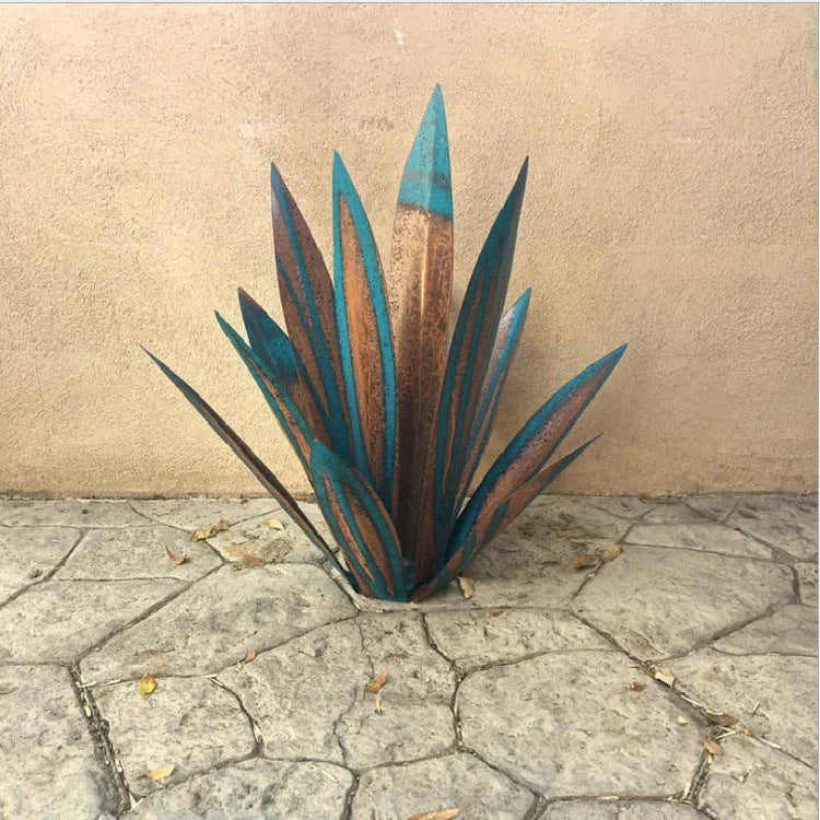 Handmade rustic tequila agave metal sculpture with blue highlights for garden or home decor