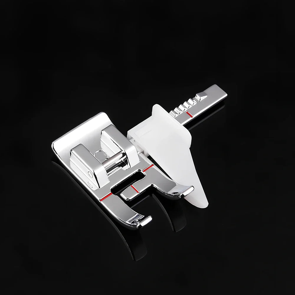 Regular sewing machine presser foot with red border guide for precise quilting seam measurements