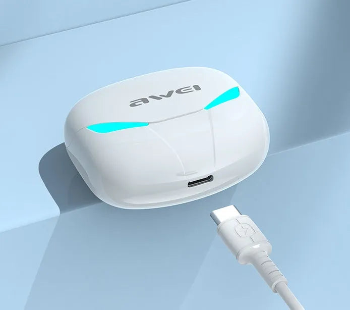 Black and white wireless Bluetooth gaming headset with earplug design showing NFC and multi-point connection features