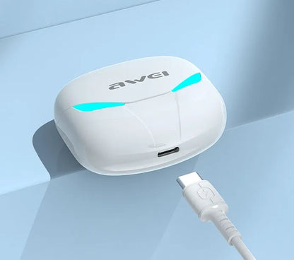 Black and white wireless Bluetooth gaming headset with earplug design showing NFC and multi-point connection features