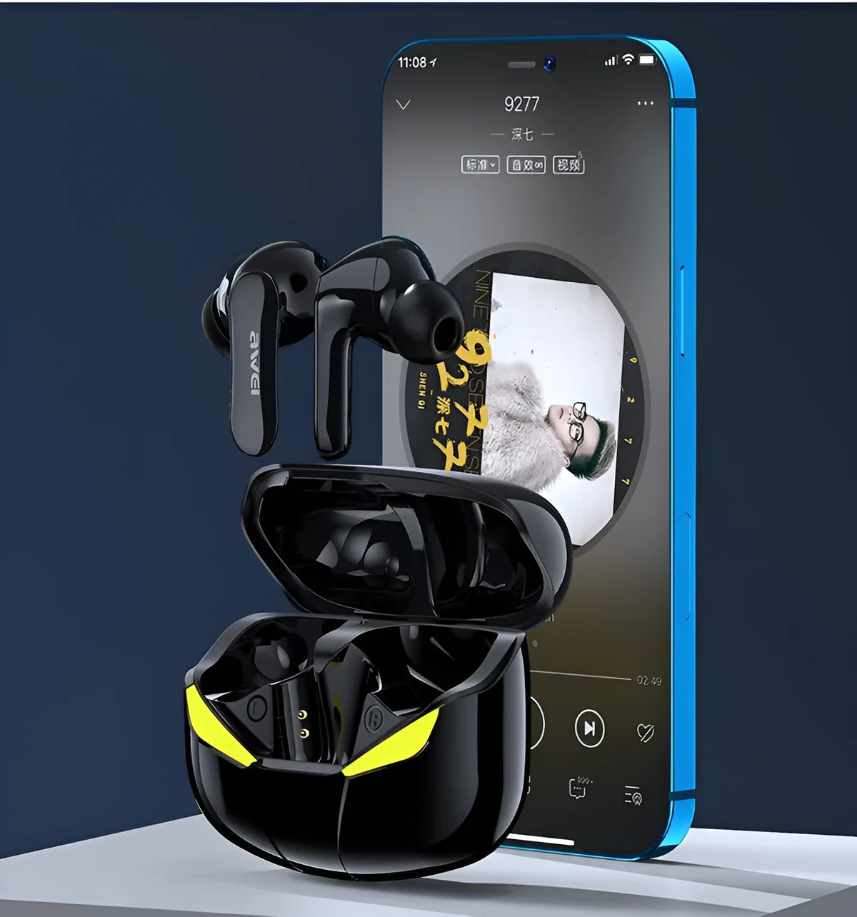 Black and white wireless Bluetooth gaming headset with earplug design showing NFC and multi-point connection features