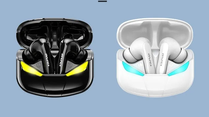 Black and white wireless Bluetooth gaming headset with earplug design showing NFC and multi-point connection features