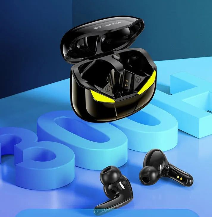 Black and white wireless Bluetooth gaming headset with earplug design showing NFC and multi-point connection features