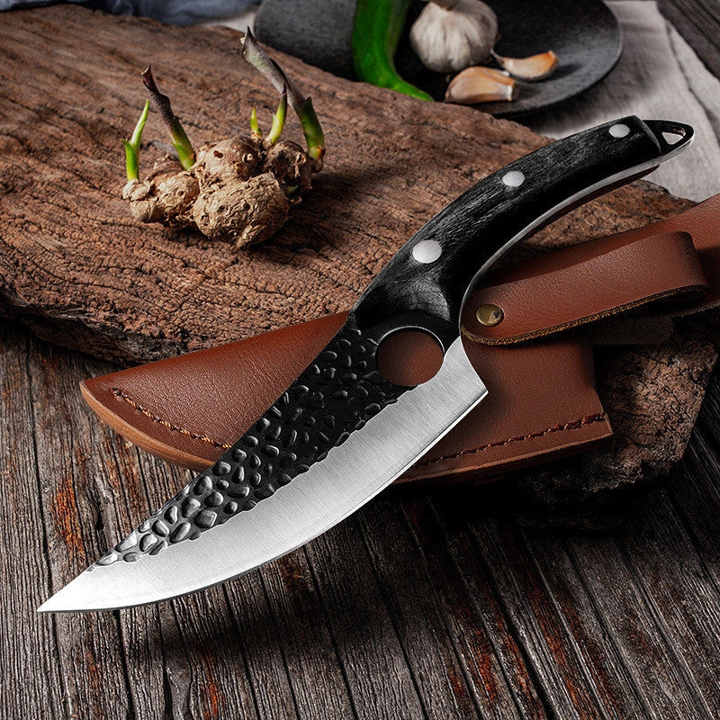 Versatile stainless steel scimitar knife with retro-inspired design, suitable for cutting and deboning meats and poultry