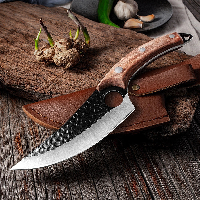 Versatile stainless steel scimitar knife with retro-inspired design, suitable for cutting and deboning meats and poultry